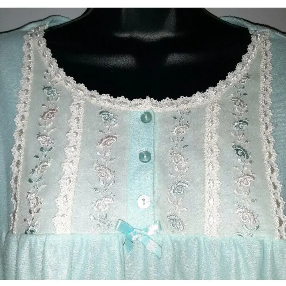 Vtg Flannel Lace Trim Long Sleeve Nightgown L Fundamentals Light Blue Polyester